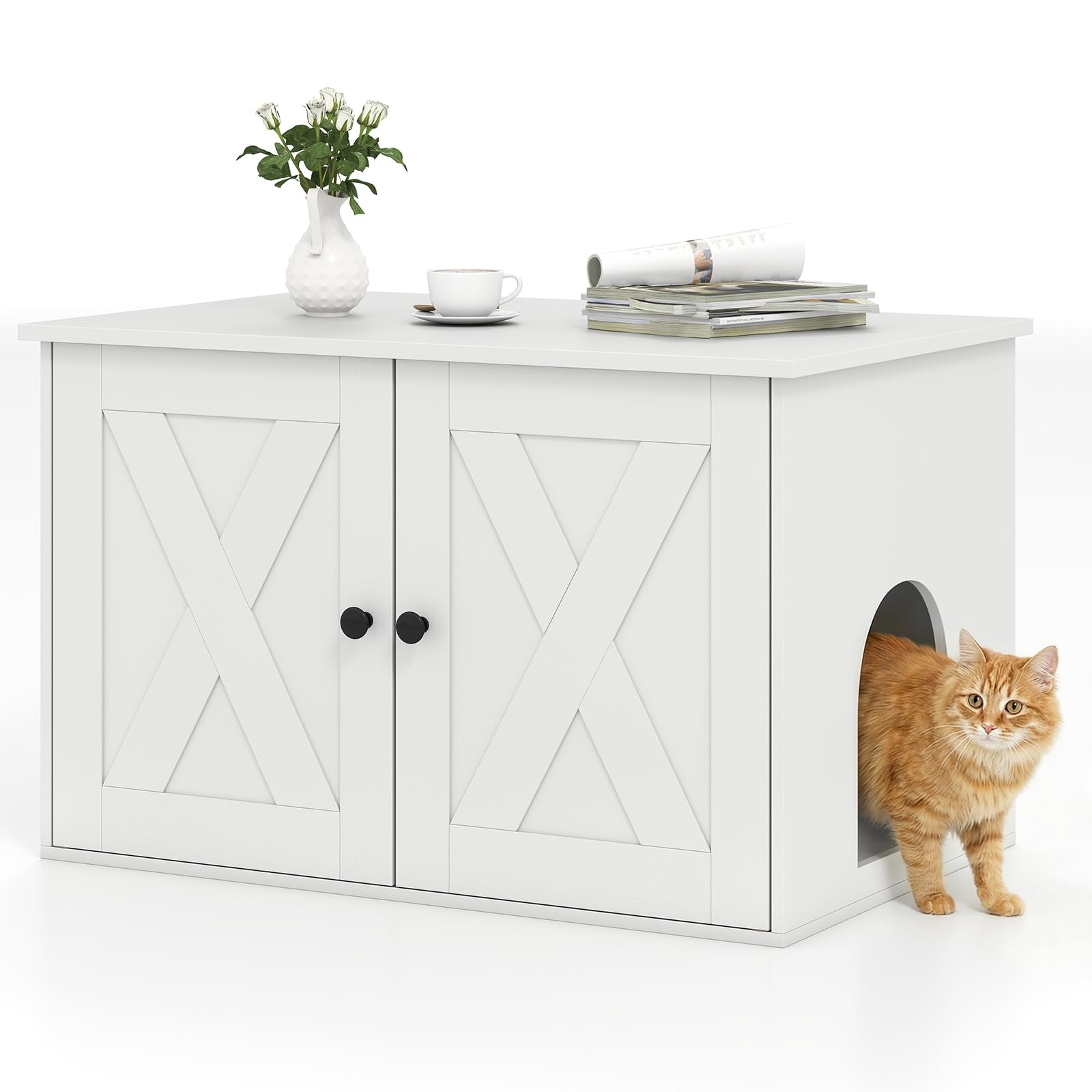 Tangkula Cat Litter Box Enclosure | Hidden Cat Washroom Cabinet with Double Doors